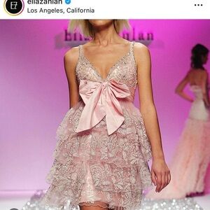 Eliza Zahlan Pink Lace Tiered Mini Dress with Bow